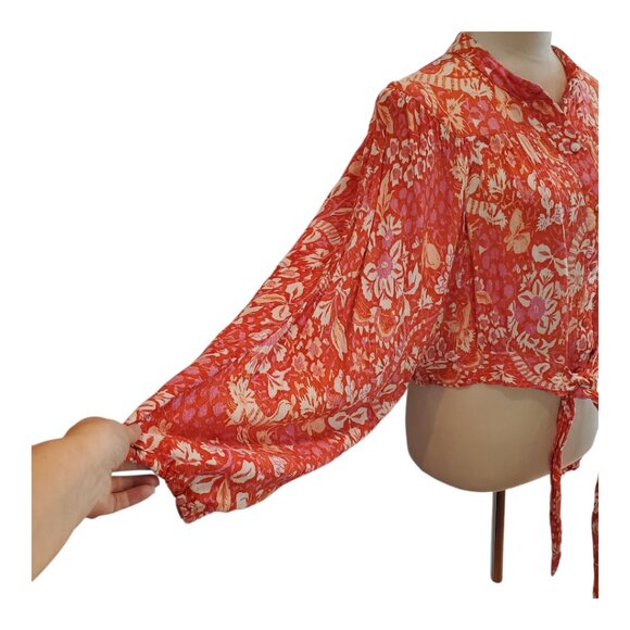 RACHEL ZOE SZ XL Salmon, Pink & Cream Flowy Long-sleeve Button up Rayon Top - Picture 4 of 9